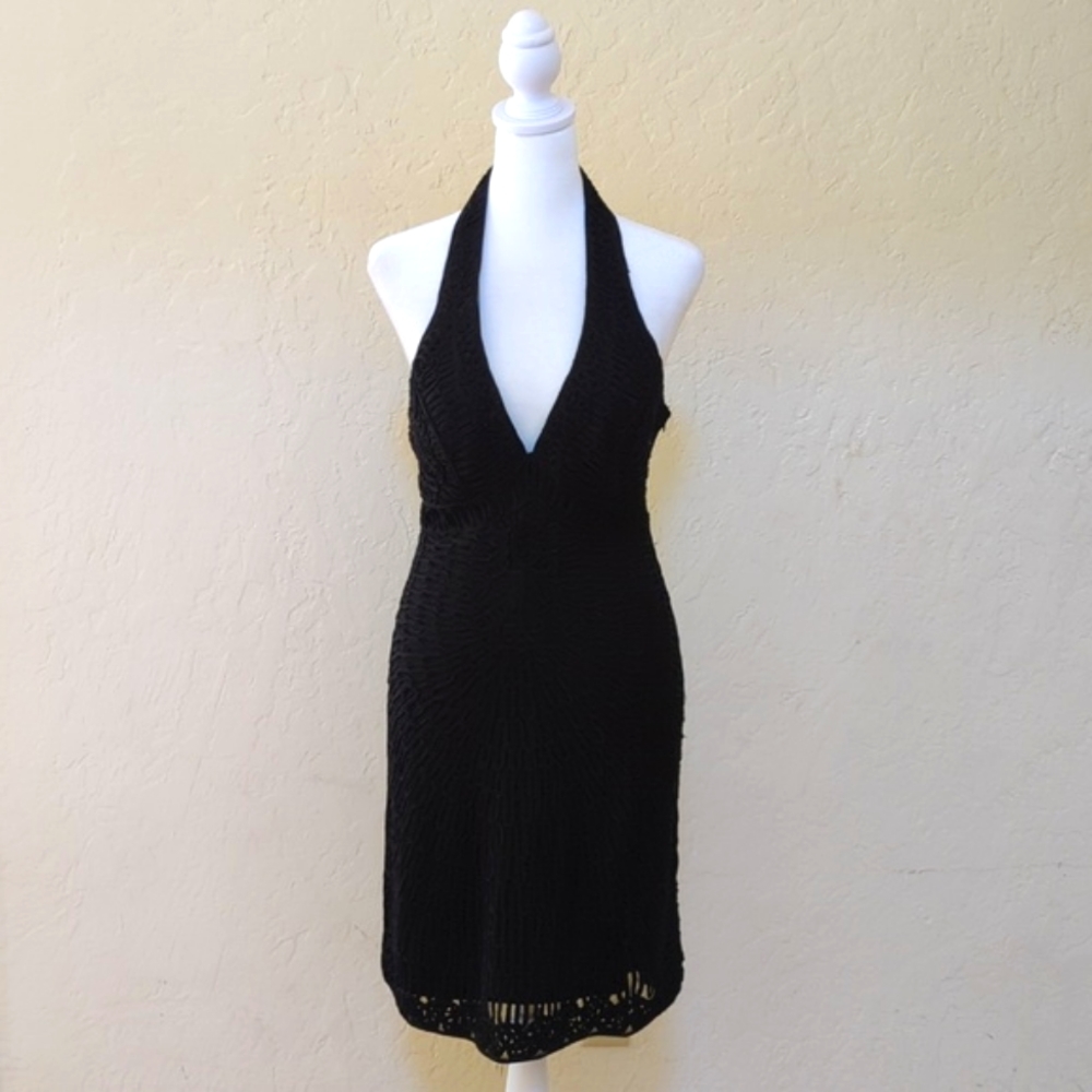Sue Wong Black Halter Deep V Neck Embroidered Applique Midi Dress Size 2P